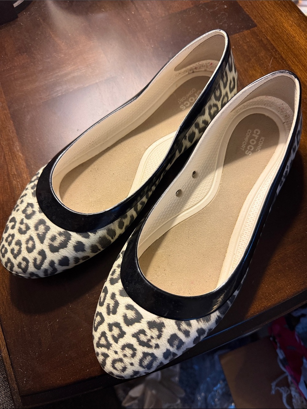Crocs Women's Leopard Print Comfort Flats in Black 7 Cream flats shoes stylish
